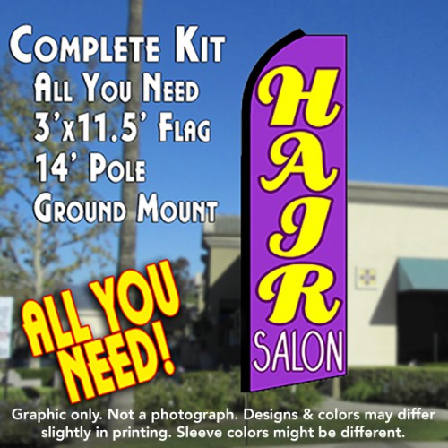 Hair Salon (Purple)  Windless Advertising Feather Flag Kit  (Flag, Pole, & Ground Spike) 14 Feet Outdoor Flags