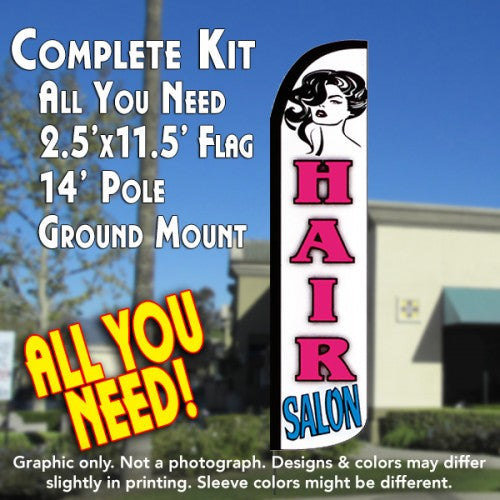 Hair Salon (White/Pink)  Windless Advertising Feather Flag Kit  (Flag, Pole, & Ground Spike) 14 Feet Outdoor Flags