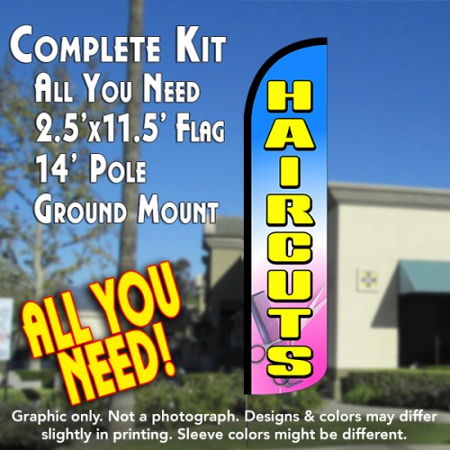 Haircuts (Blue/Yellow)  Windless Advertising Feather Flag Kit  (Flag, Pole, & Ground Spike) 14 Feet Outdoor Flags