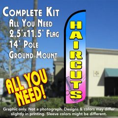Haircuts (Blue/Yellow)  Windless Advertising Feather Flag Kit  (Flag, Pole, & Ground Spike) 14 Feet Outdoor Flags