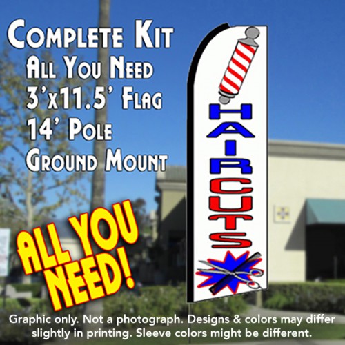 Haircuts (White)  Windless Advertising Feather Flag Kit  (Flag, Pole, & Ground Spike) 14 Feet Outdoor Flags