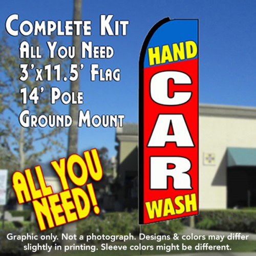 Hand Car Wash (Blue/Red)  Windless Advertising Feather Flag Kit  (Flag, Pole, & Ground Spike) 14 Feet Outdoor Flags