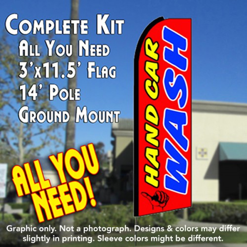 Hand Car Wash (Red)  Windless Advertising Feather Flag Kit  (Flag, Pole, & Ground Spike) 14 Feet Outdoor Flags