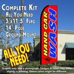 Hand Car Wash (Red)  Windless Advertising Feather Flag Kit  (Flag, Pole, & Ground Spike) 14 Feet Outdoor Flags