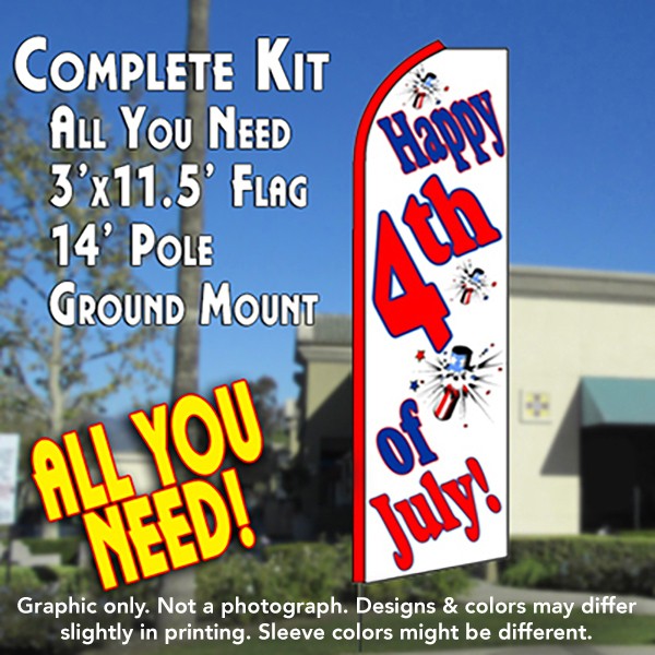 Happy 4Th Of July (White)  Windless Advertising Feather Flag Kit  (Flag, Pole, & Ground Spike) 14 Feet Outdoor Flags