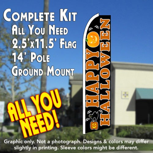 Happy Halloween (Black)  Windless Advertising Feather Flag Kit  (Flag, Pole, & Ground Spike) 14 Feet Outdoor Flags