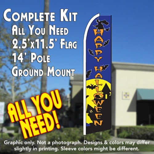 Happy Halloween (Blue)  Windless Advertising Feather Flag Kit  (Flag, Pole, & Ground Spike) 14 Feet Outdoor Flags