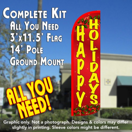 Happy Holidays (Red)  Windless Advertising Feather Flag Kit  (Flag, Pole, & Ground Spike) 14 Feet Outdoor Flags