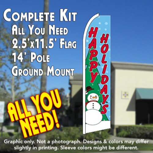 Happy Holidays (Snowman)  Windless Advertising Feather Flag Kit  (Flag, Pole, & Ground Spike) 14 Feet Outdoor Flags