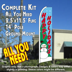 Happy Holidays (Snowman)  Windless Advertising Feather Flag Kit  (Flag, Pole, & Ground Spike) 14 Feet Outdoor Flags