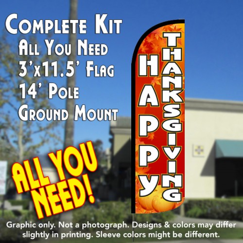 Happy Thanksgiving  Windless Advertising Feather Flag Kit  (Flag, Pole, & Ground Spike) 14 Feet Outdoor Flags