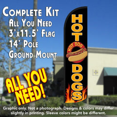 Hot Dogs (Black/Yellow)  Windless Advertising Feather Flag Kit  (Flag, Pole, & Ground Spike) 14 Feet Outdoor Flags