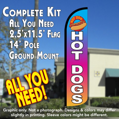 Hot Dogs Multicolor  Windless Advertising Feather Flag Kit  (Flag, Pole, & Ground Spike) 14 Feet Outdoor Flags