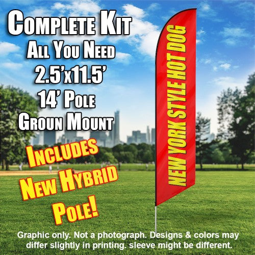 New York Style Hot Dogs  Windless Advertising Feather Flag Kit  (Flag, Pole, & Ground Spike) 14 Feet Outdoor Flags