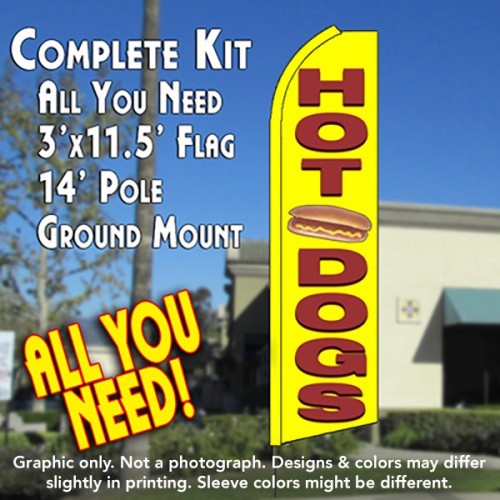 Hot Dogs (Yellow)  Windless Advertising Feather Flag Kit  (Flag, Pole, & Ground Spike) 14 Feet Outdoor Flags