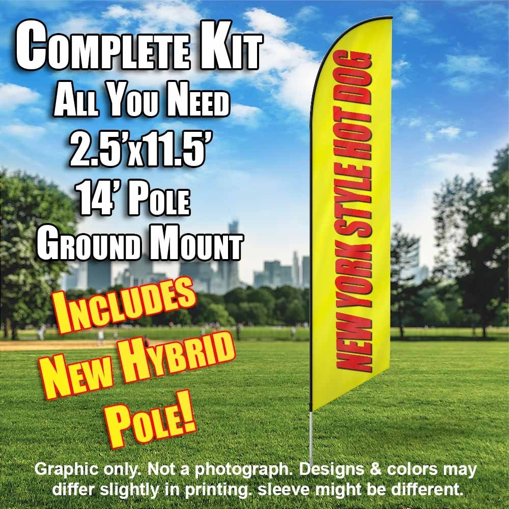 New York Style Hot Dogs Windless (Yellow/Red) Windless Advertising Feather Flag Kit  (Flag, Pole, & Ground Spike) 14 Feet Outdoor Flags