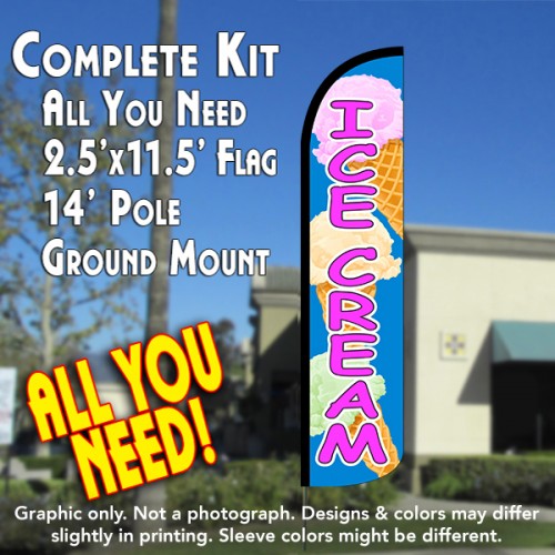 Ice Cream (Blue/Pink)  Windless Advertising Feather Flag Kit  (Flag, Pole, & Ground Spike) 14 Feet Outdoor Flags