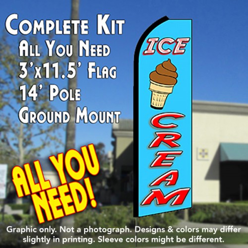 Ice Cream (Blue/Red)  Windless Advertising Feather Flag Kit  (Flag, Pole, & Ground Spike) 14 Feet Outdoor Flags