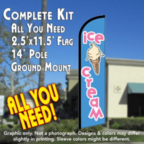 Ice Cream (Blue)  Windless Advertising Feather Flag Kit  (Flag, Pole, & Ground Spike) 14 Feet Outdoor Flags