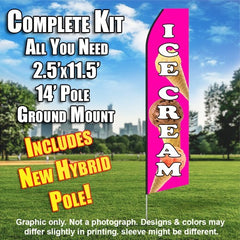 Ice Cream (Pink/Cones)  Windless Advertising Feather Flag Kit  (Flag, Pole, & Ground Spike) 14 Feet Outdoor Flags