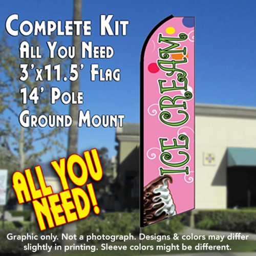 Ice Cream (Pink)  Windless Advertising Feather Flag Kit  (Flag, Pole, & Ground Spike) 14 Feet Outdoor Flags