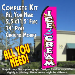 Ice Cream (Pink/White)  Windless Advertising Feather Flag Kit  (Flag, Pole, & Ground Spike) 14 Feet Outdoor Flags