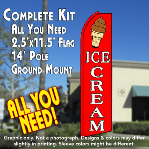 Ice Cream (Red/White)  Windless Advertising Feather Flag Kit  (Flag, Pole, & Ground Spike) 14 Feet Outdoor Flags