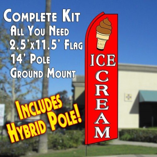 Ice Cream (Red/White)  Windless Advertising Feather Flag Kit  (Flag, Pole, & Ground Spike) 14 Feet Outdoor Flags
