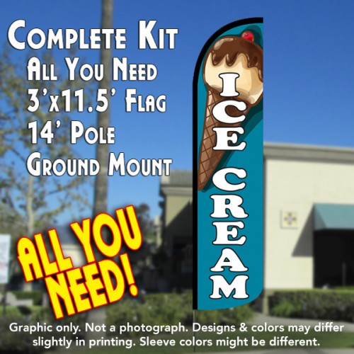Ice Cream (Teal)  Windless Advertising Feather Flag Kit  (Flag, Pole, & Ground Spike) 14 Feet Outdoor Flags