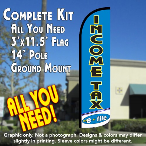Income Tax E-File (Light Blue/White)  Windless Advertising Feather Flag Kit  (Flag, Pole, & Ground Spike) 14 Feet Outdoor Flags