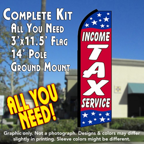 Income Tax Service (Red/Stars)  Windless Advertising Feather Flag Kit  (Flag, Pole, & Ground Spike) 14 Feet Outdoor Flags