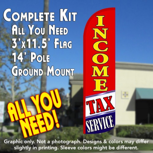 Income Tax Service (Red/White/Blue)  Windless Advertising Feather Flag Kit  (Flag, Pole, & Ground Spike) 14 Feet Outdoor Flags