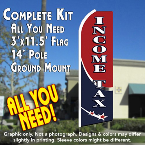 Income Tax (Stars/Swirls)  Windless Advertising Feather Flag Kit  (Flag, Pole, & Ground Spike) 14 Feet Outdoor Flags