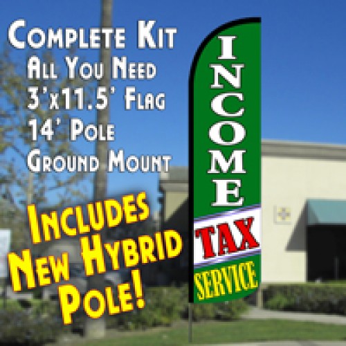Income Tax Service (Green/White)  Windless Advertising Feather Flag Kit  (Flag, Pole, & Ground Spike) 14 Feet Outdoor Flags