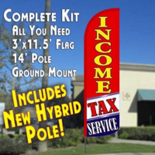 Income Tax Service (Red/White/Blue)  Windless Advertising Feather Flag Kit  (Flag, Pole, & Ground Spike) 14 Feet Outdoor Flags