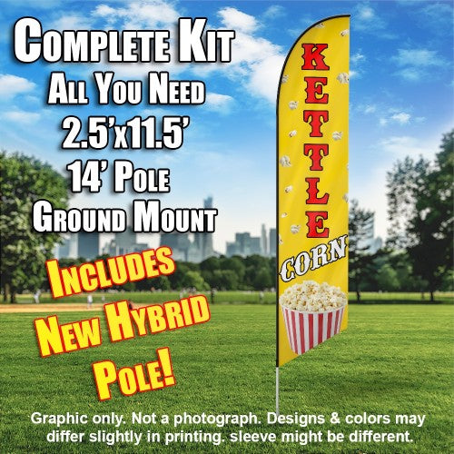 Kettle Corn (Yellow/Red)  Windless Advertising Feather Flag Kit  (Flag, Pole, & Ground Spike) 14 Feet Outdoor Flags