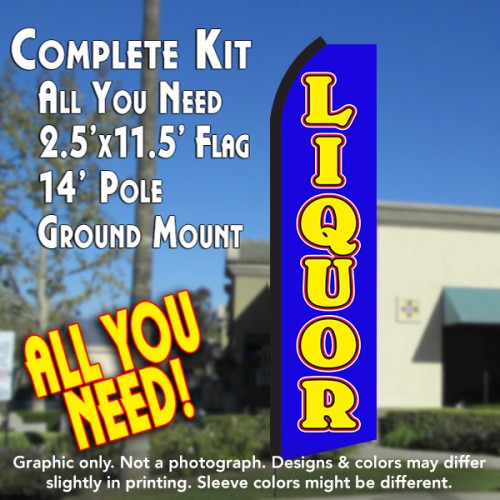 Liquor (Blue/Yellow)  Windless Advertising Feather Flag Kit  (Flag, Pole, & Ground Spike) 14 Feet Outdoor Flags