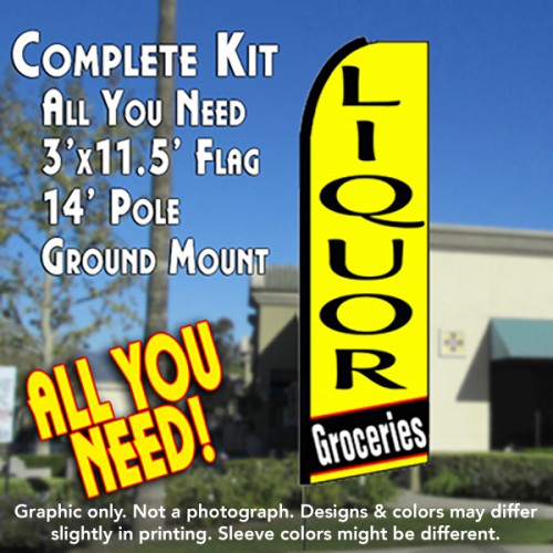 Liquor Groceries (Yellow)  Windless Advertising Feather Flag Kit  (Flag, Pole, & Ground Spike) 14 Feet Outdoor Flags