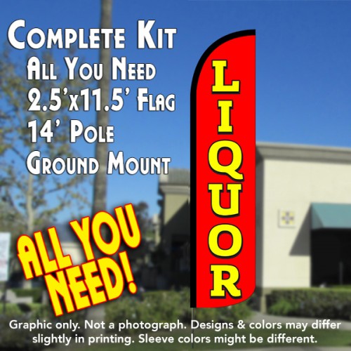 Liquor (Red/Yellow)  Windless Advertising Feather Flag Kit  (Flag, Pole, & Ground Spike) 14 Feet Outdoor Flags