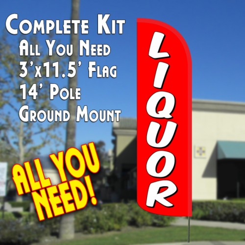 Liquor (Red/White)  Windless Advertising Feather Flag Kit  (Flag, Pole, & Ground Spike) 14 Feet Outdoor Flags