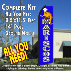 Mariscos (Blue/White)  Windless Advertising Feather Flag Kit  (Flag, Pole, & Ground Spike) 14 Feet Outdoor Flags
