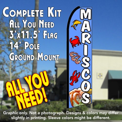 Mariscos  Windless Advertising Feather Flag Kit  (Flag, Pole, & Ground Spike) 14 Feet Outdoor Flags