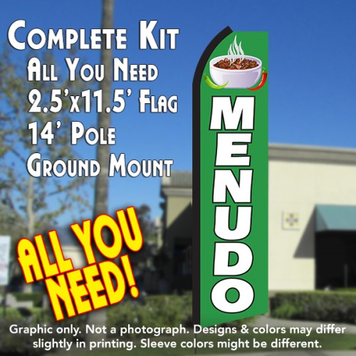 Menudo (Green/White)  Windless Advertising Feather Flag Kit  (Flag, Pole, & Ground Spike) 14 Feet Outdoor Flags