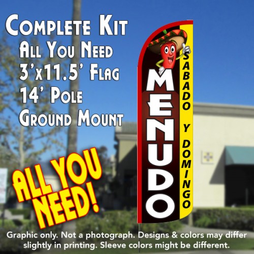 Menudo Sabado Y Domingo  Windless Advertising Feather Flag Kit  (Flag, Pole, & Ground Spike) 14 Feet Outdoor Flags