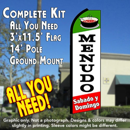 Menudo Sabado Y Domingo (Green/White/Red)  Windless Advertising Feather Flag Kit  (Flag, Pole, & Ground Spike) 14 Feet Outdoor Flags