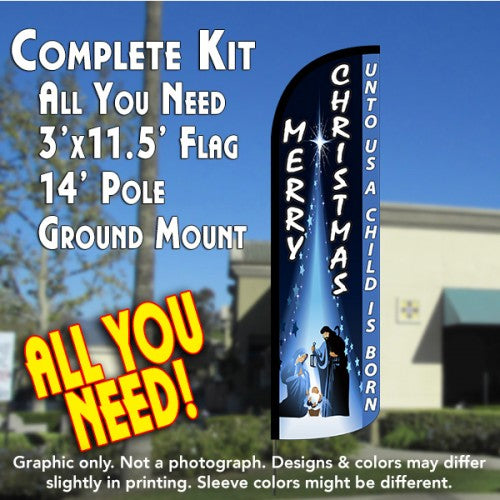 Merry Christmas (Unto Us...)  Windless Advertising Feather Flag Kit  (Flag, Pole, & Ground Spike) 14 Feet Outdoor Flags