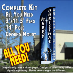 Merry Christmas (Unto Us...)  Windless Advertising Feather Flag Kit  (Flag, Pole, & Ground Spike) 14 Feet Outdoor Flags