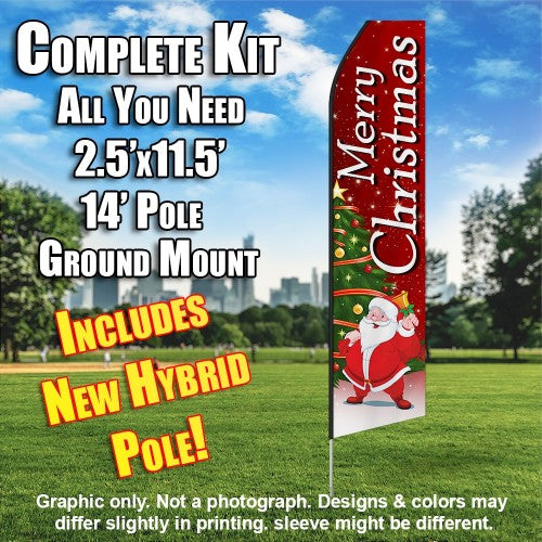 Merry Christmas Santa Claus  Windless Advertising Feather Flag Kit  (Flag, Pole, & Ground Spike) 14 Feet Outdoor Flags
