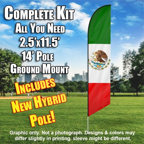 Mexico (Red, White, Green)  Windless Advertising Feather Flag Kit  (Flag, Pole, & Ground Spike) 14 Feet Outdoor Flags