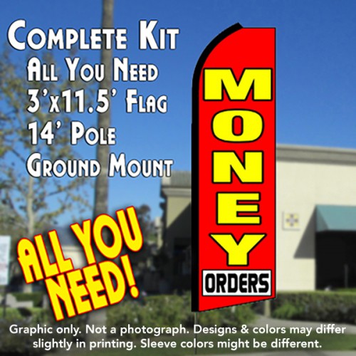 Money Orders (Red)  Windless Advertising Feather Flag Kit  (Flag, Pole, & Ground Spike) 14 Feet Outdoor Flags